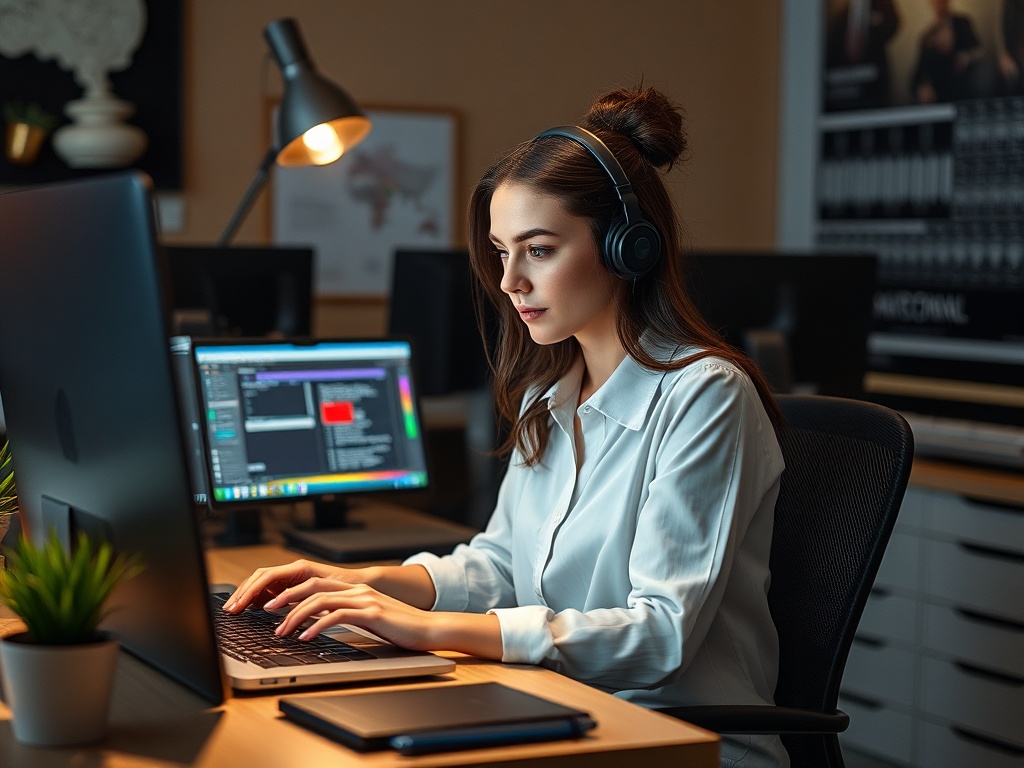A woman with headphones focuses on her laptop in a modern office, surrounded by monitors and plants.