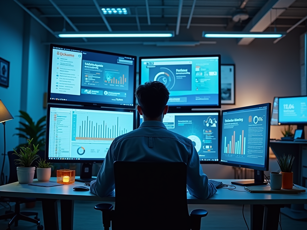 Man analyzing data on multiple monitors in a dimly lit office.