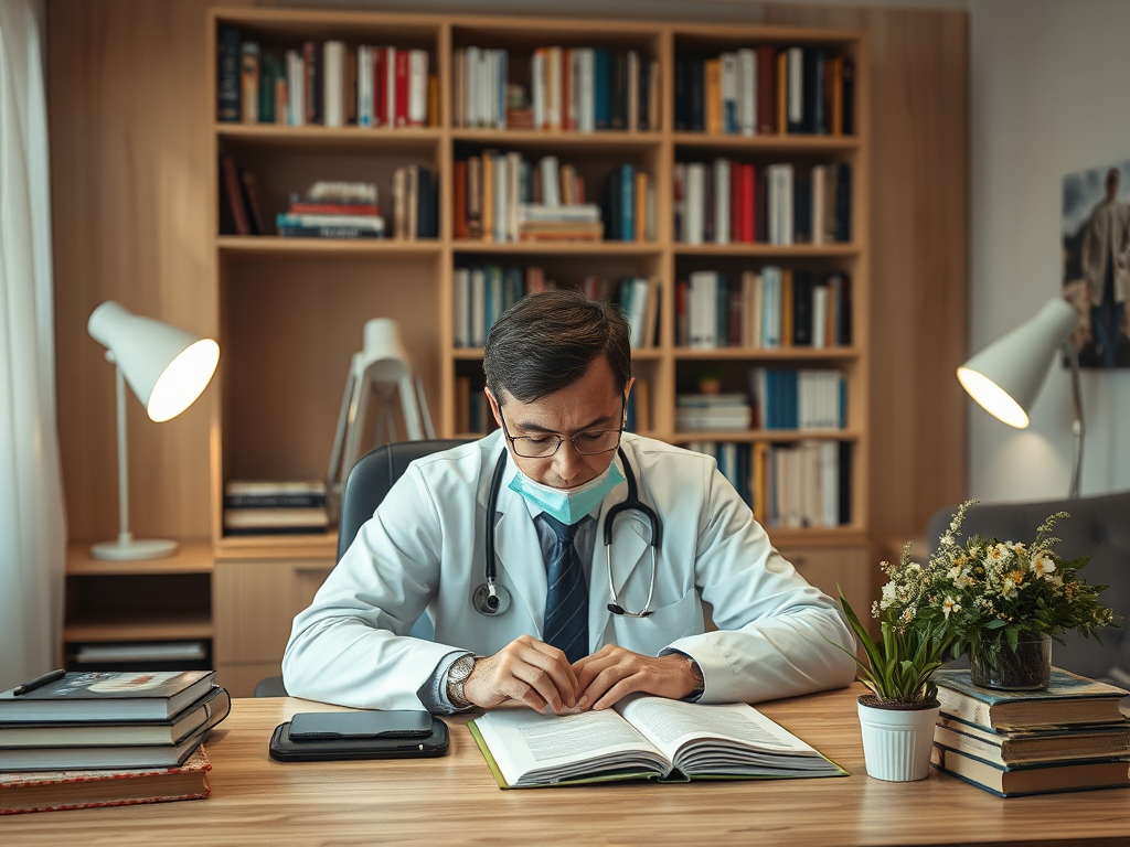 A doctor in a white coat and mask studies a book at a desk, surrounded by plants and shelves of books.
