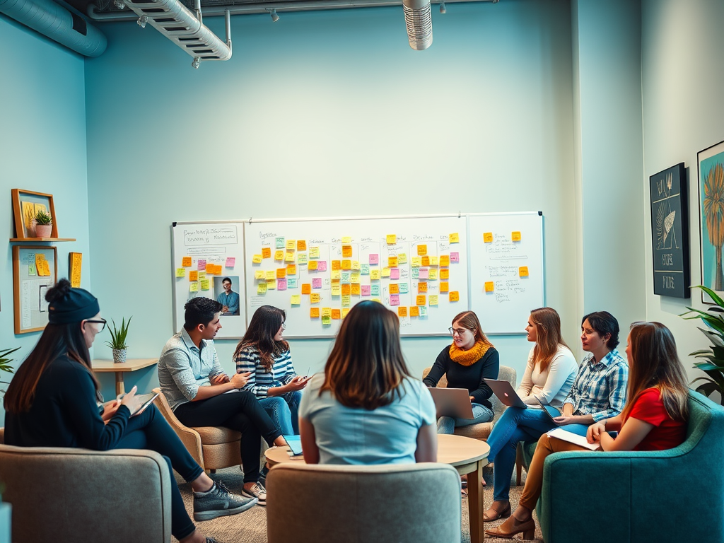 A diverse group of people collaborates in a modern meeting room with colorful sticky notes on a whiteboard.