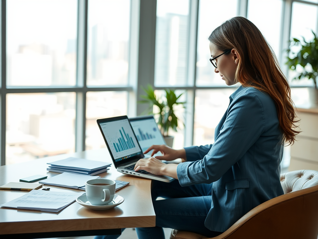 A woman works on her laptop in a modern office, with documents and a cup of coffee on the desk beside her.