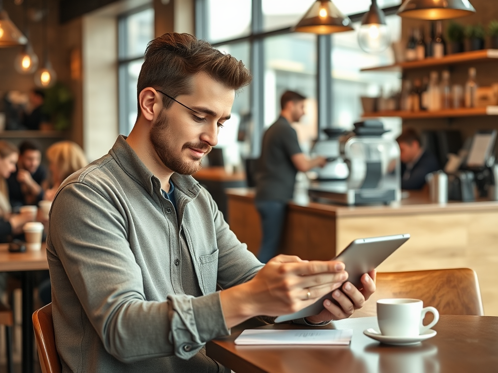 A man in a cafe uses a tablet, with a cup of coffee and fellow patrons in the background.