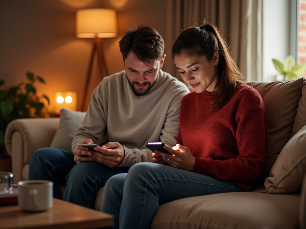 A couple using smartphones on a cozy sofa in a warmly lit living room.