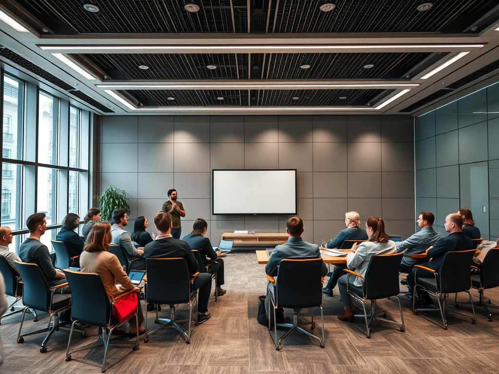 A group of people seated in a conference room listening to a speaker in front of a screen.
