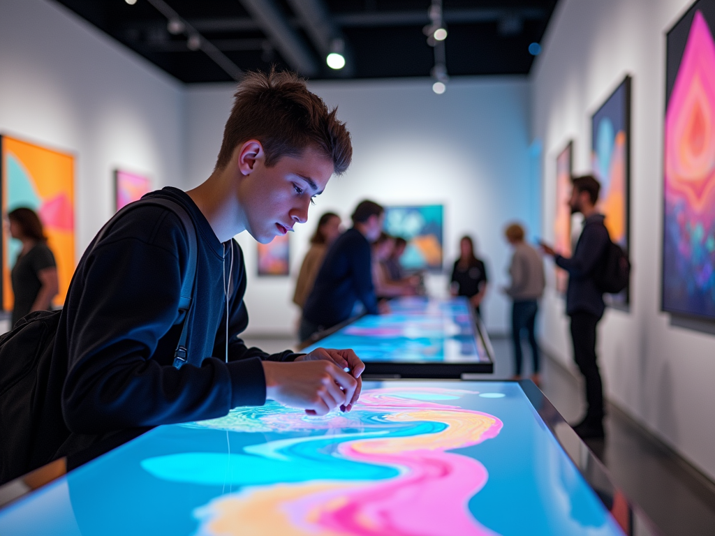 A young person explores interactive displays at an art gallery, with colorful artwork on the walls and visitors nearby.