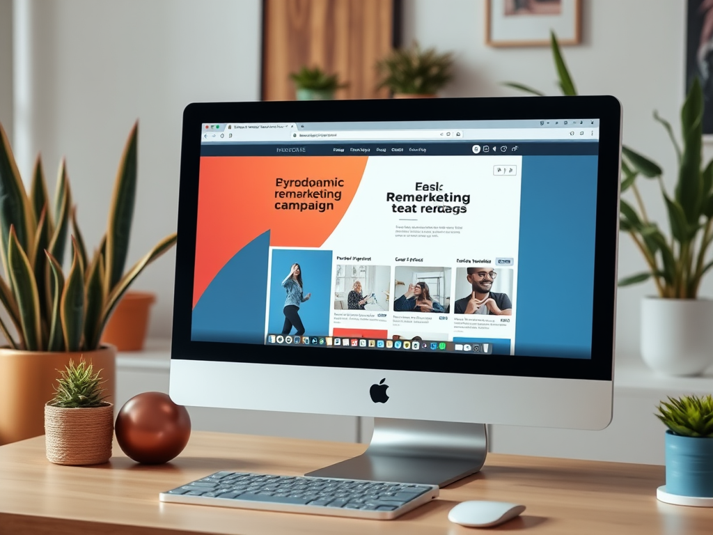 A desktop monitor displays a marketing campaign webpage with images and text. There are indoor plants nearby.