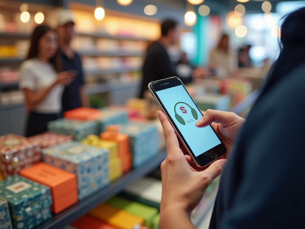 Person using smartphone with finance app, in a colorful store with blurred customers in the background.