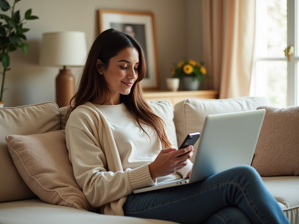 Woman sitting on a couch using a laptop and smartphone, in a cozy living room.