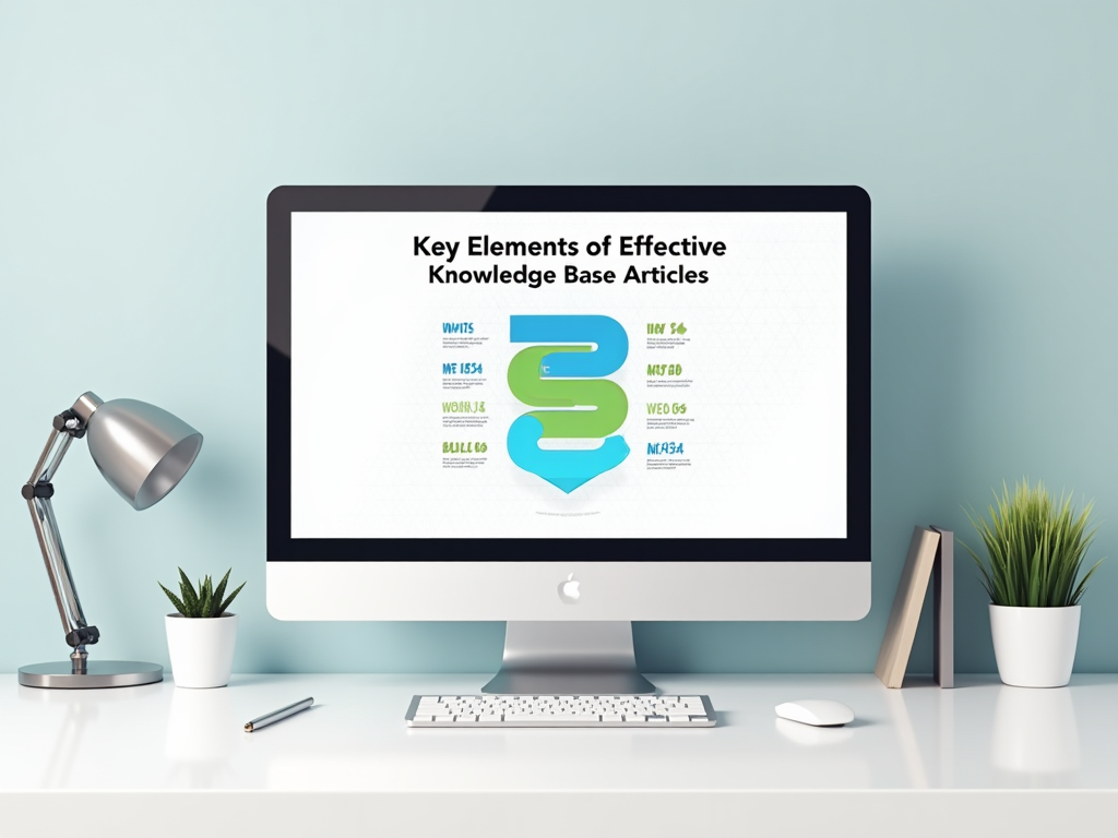 Computer monitor displaying "Key Elements of Effective Knowledge Base Articles" on a desk with plants and a lamp.