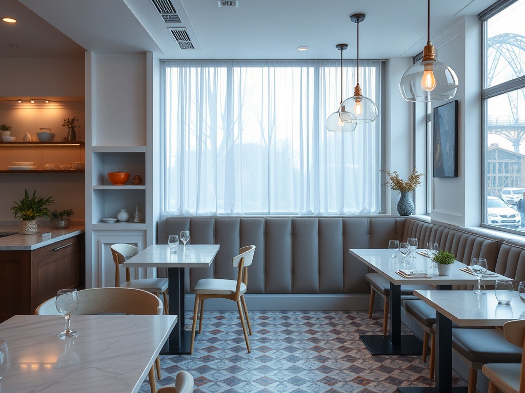 A modern dining area featuring white tables, plush seating, and large windows with sheer curtains, creating a warm ambiance.