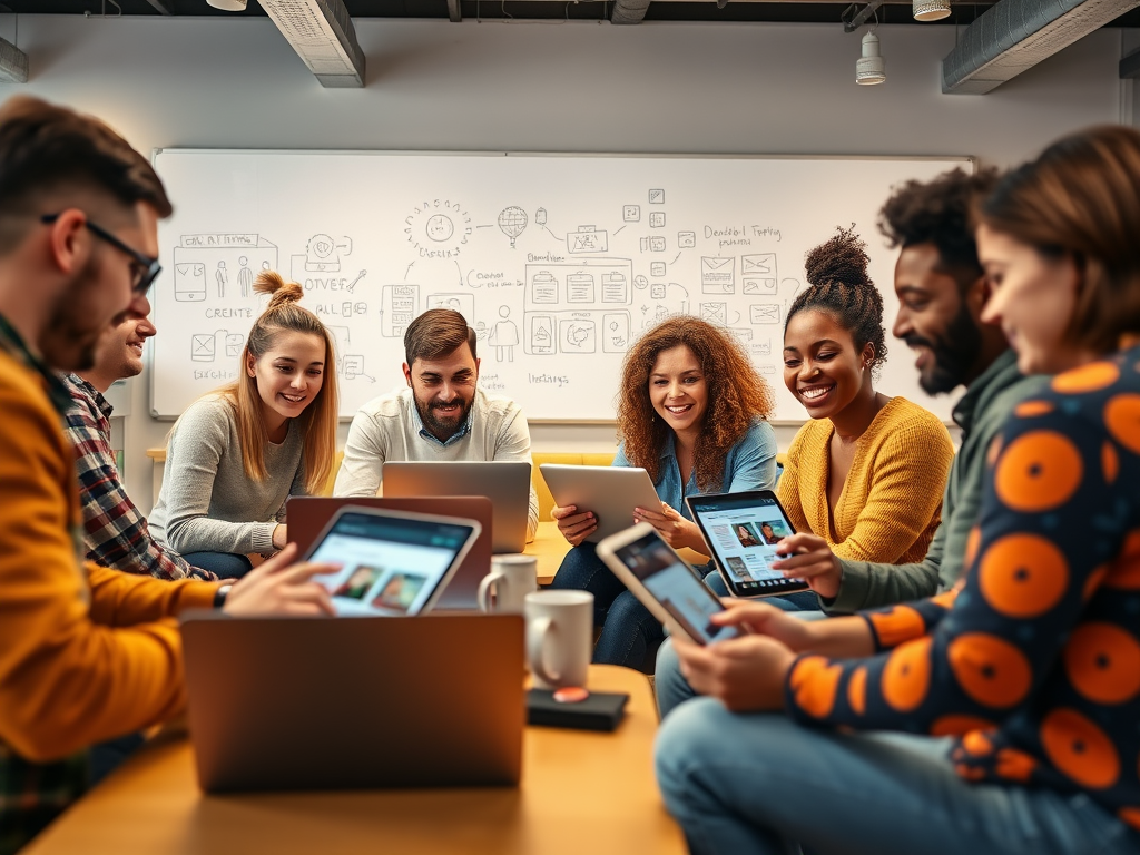 A diverse group of people collaborating around a table with laptops and tablets, smiling and engaged in discussion.