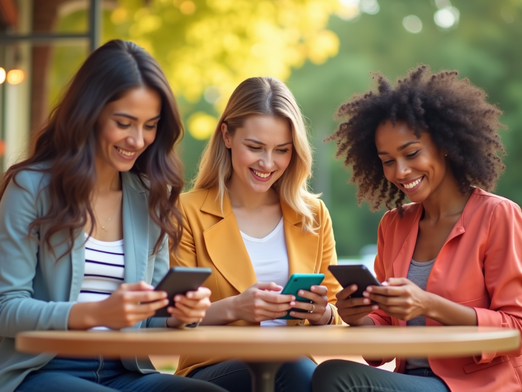 Three women of diverse ethnicities smiling and using smartphones at an outdoor cafe.