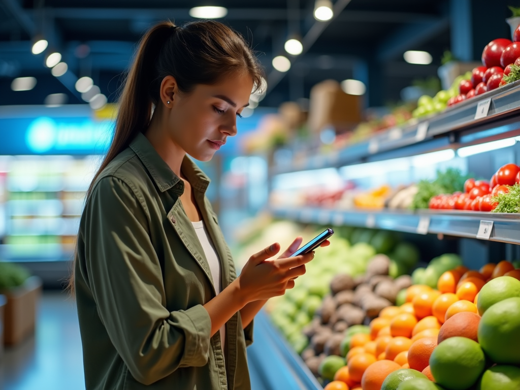 Woman using smartphone in grocery store with colorful vegetable and fruit shelves in background.