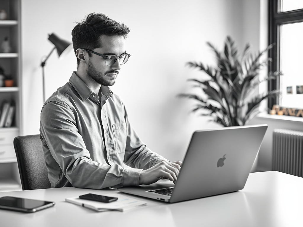 A young man in glasses working on a laptop, focused, in a modern office with a plant and a lamp.