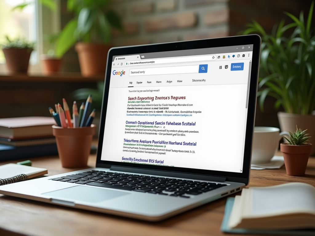 A laptop displaying a Google search page with various results, set on a wooden table with plants and stationery nearby.