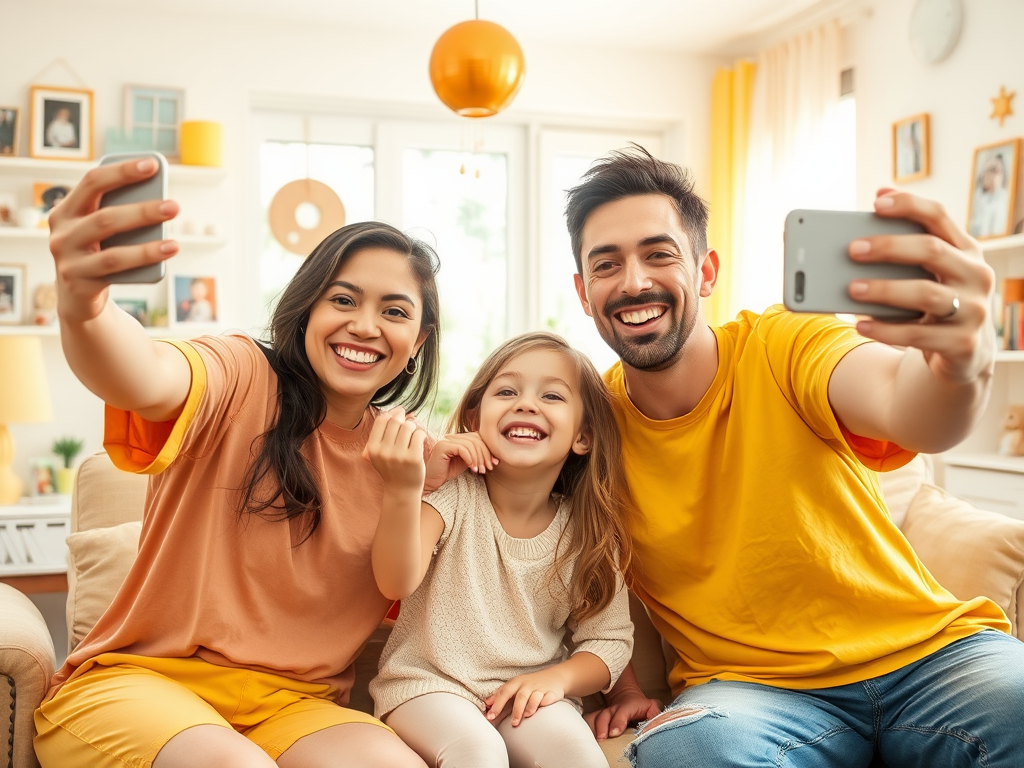 A happy family of three takes a selfie together, smiling, in a bright, cozy living room.