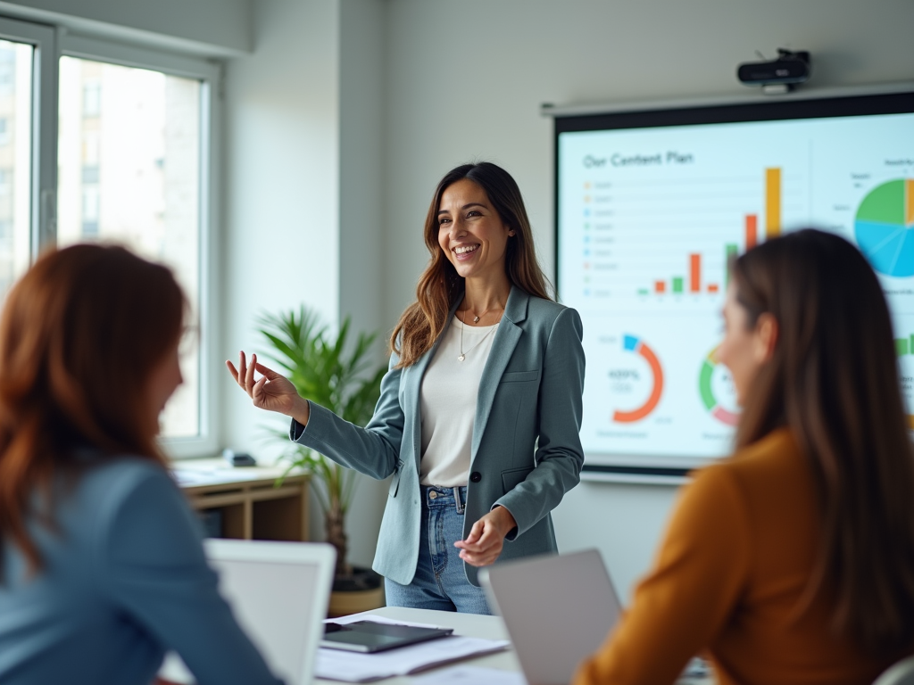 Woman presenting content plan with graphs to colleagues in a meeting room.