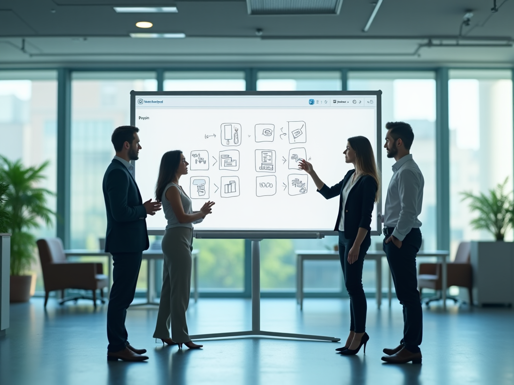 Business colleagues discussing strategies using a digital whiteboard in a modern office.