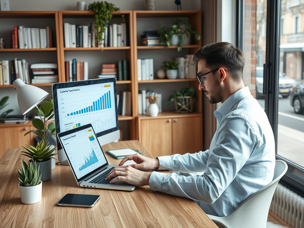 A person working on a laptop at a desk with charts displayed on two monitors and greenery around.