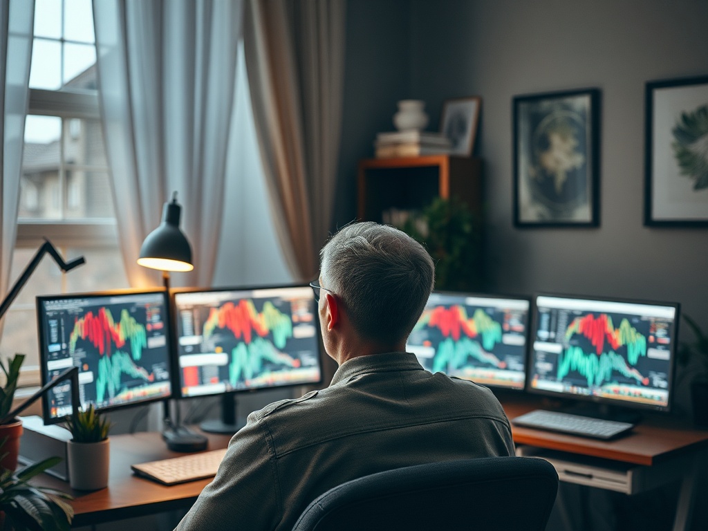 A person sits at a desk facing multiple monitors displaying colorful financial graphs in a cozy room.