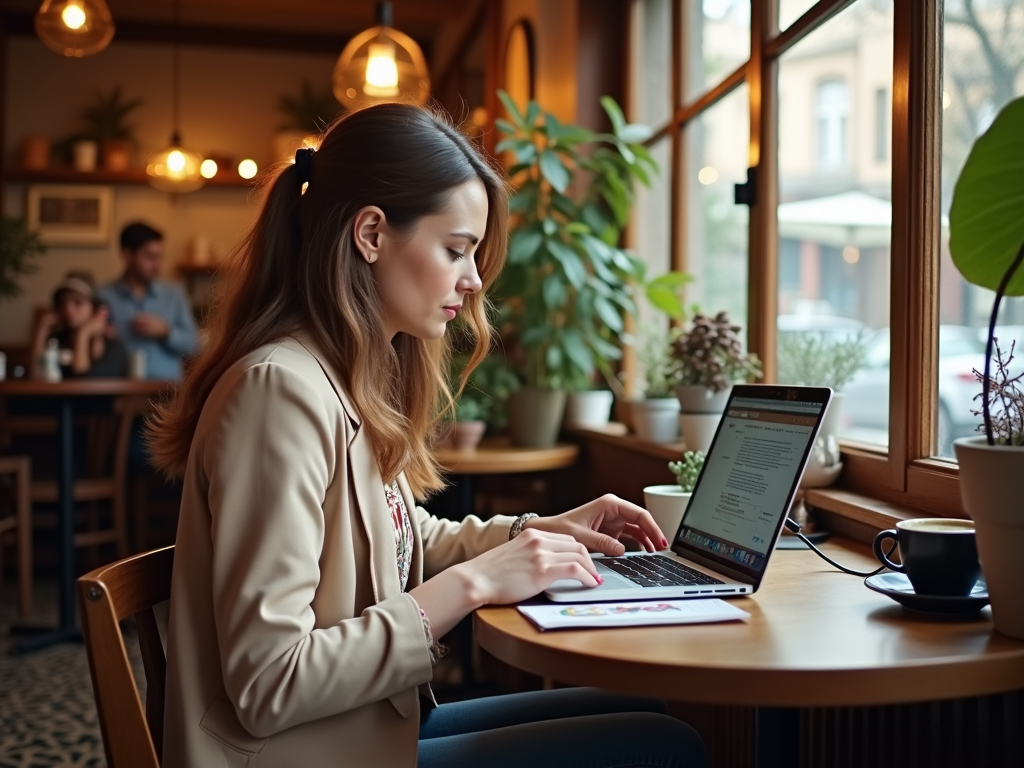 A woman works on a laptop at a cozy café, surrounded by plants and natural light, with a coffee beside her.