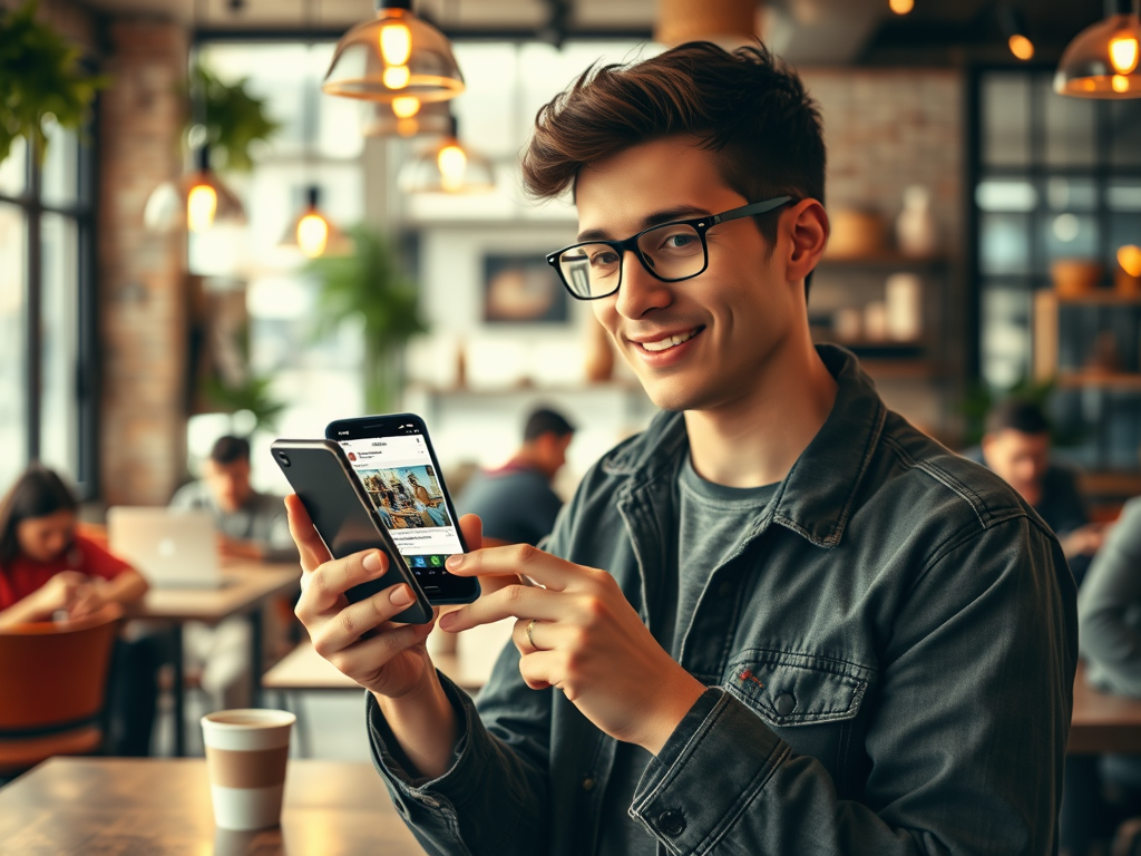 A young man smiling and using his phone in a cafe, with people working in the background.