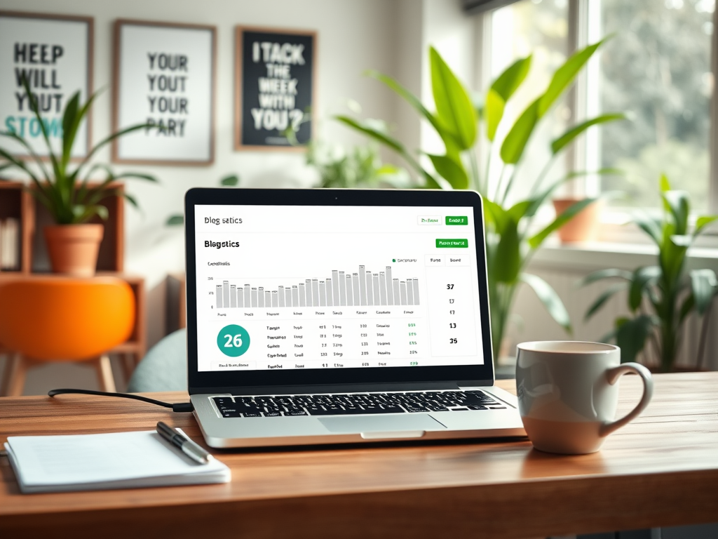 A laptop on a wooden desk displays blog metrics, with plants and motivational posters in a bright room.