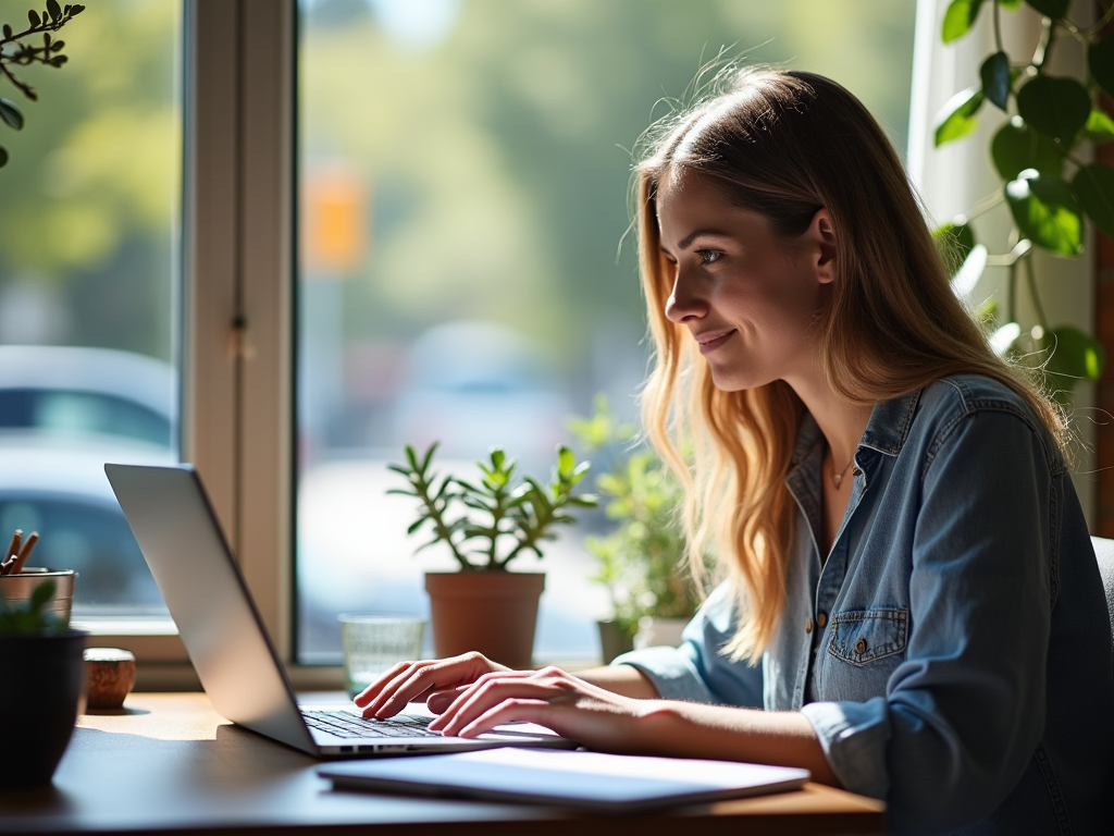 Woman working on laptop in a sunny cafe with plants around.