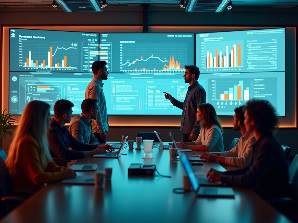 Team meeting with two presenters discussing charts on multiple digital screens in a dimly lit room.