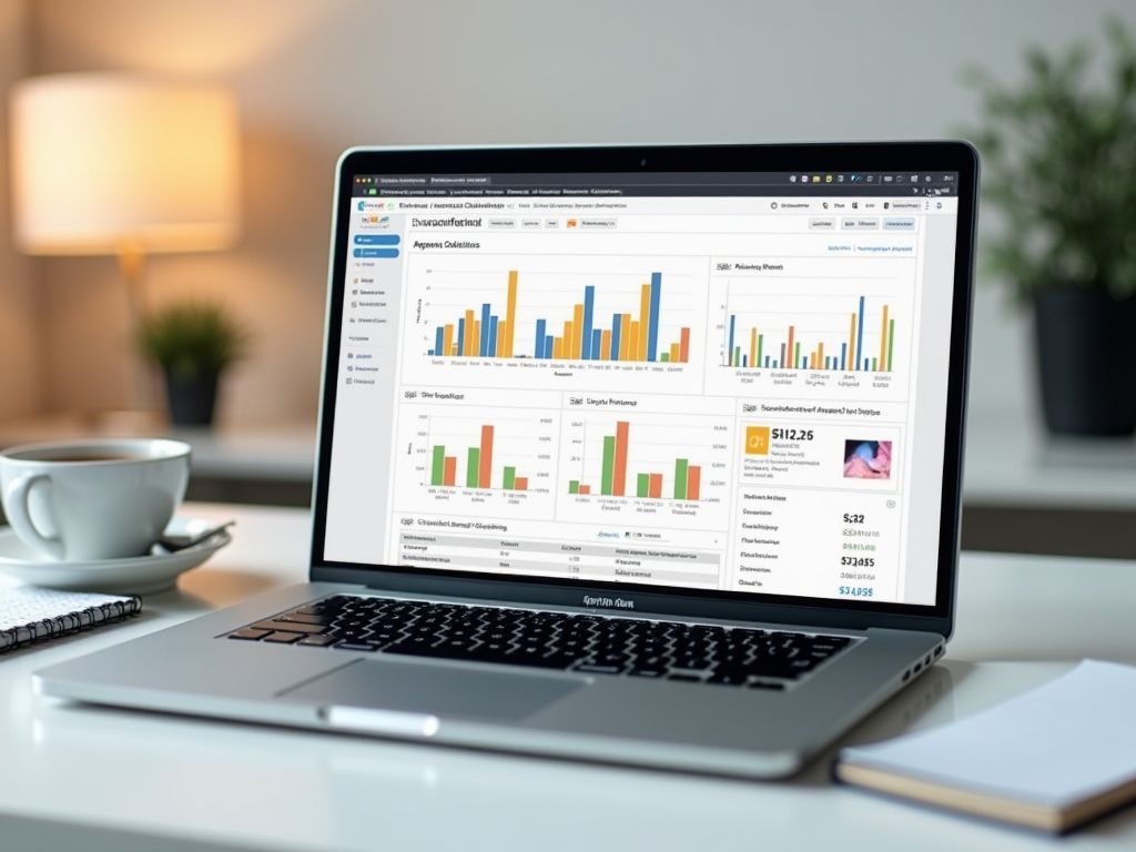 Laptop showing financial graphs on screen with a coffee cup and notepad beside it on a desk.