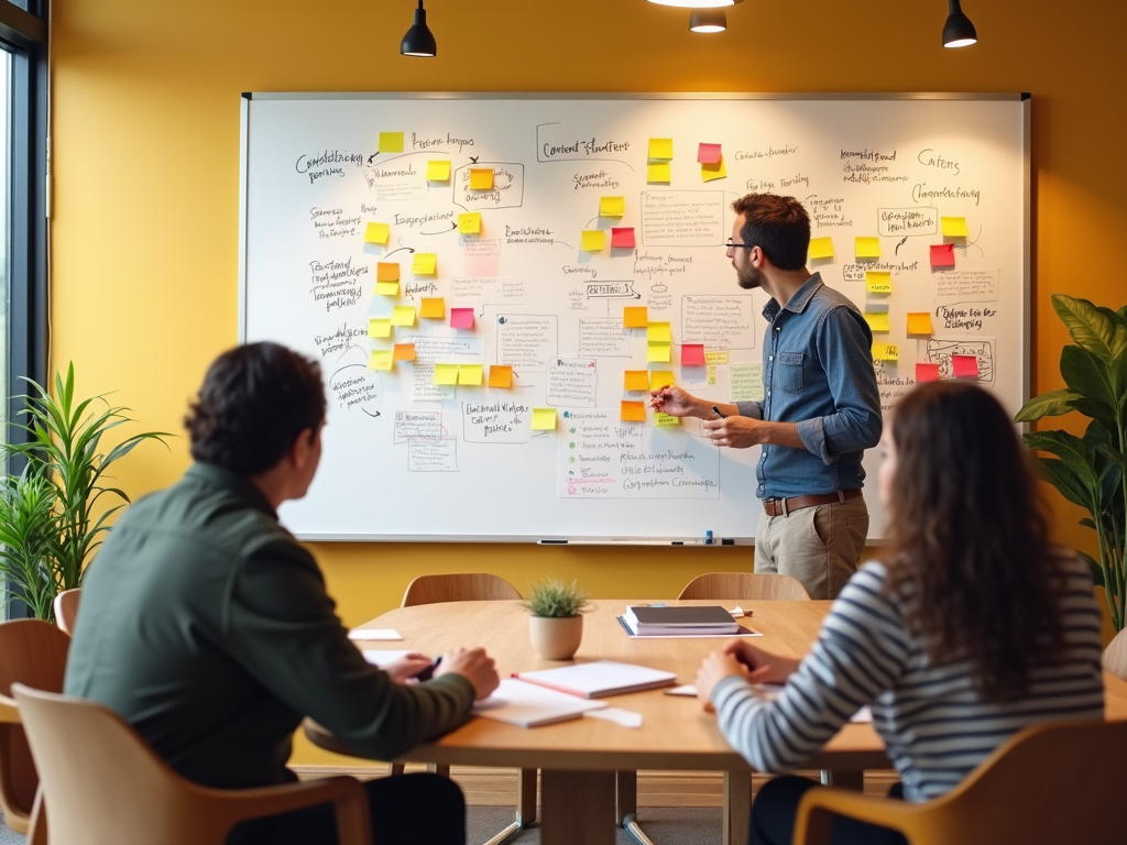 A man presents ideas at a whiteboard covered in notes while two colleagues observe in a bright meeting room.