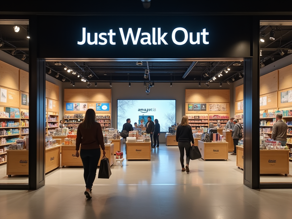 Entrance to a modern retail store with "Just Walk Out" sign, people browsing products inside.