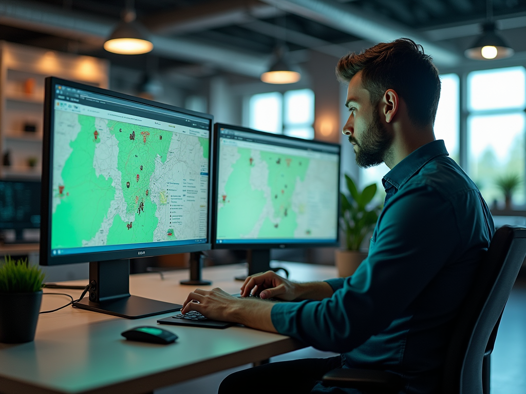 Man analyzing geographic data on multiple computer screens in an office.