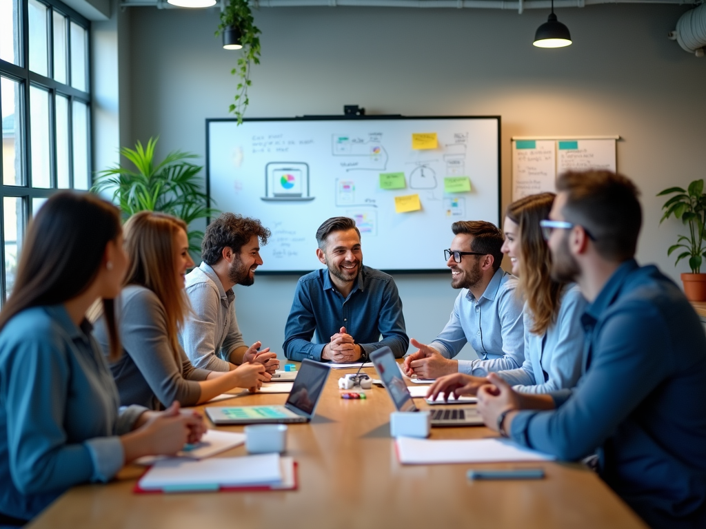 A team of professionals laughing together during a meeting in a vibrant office.