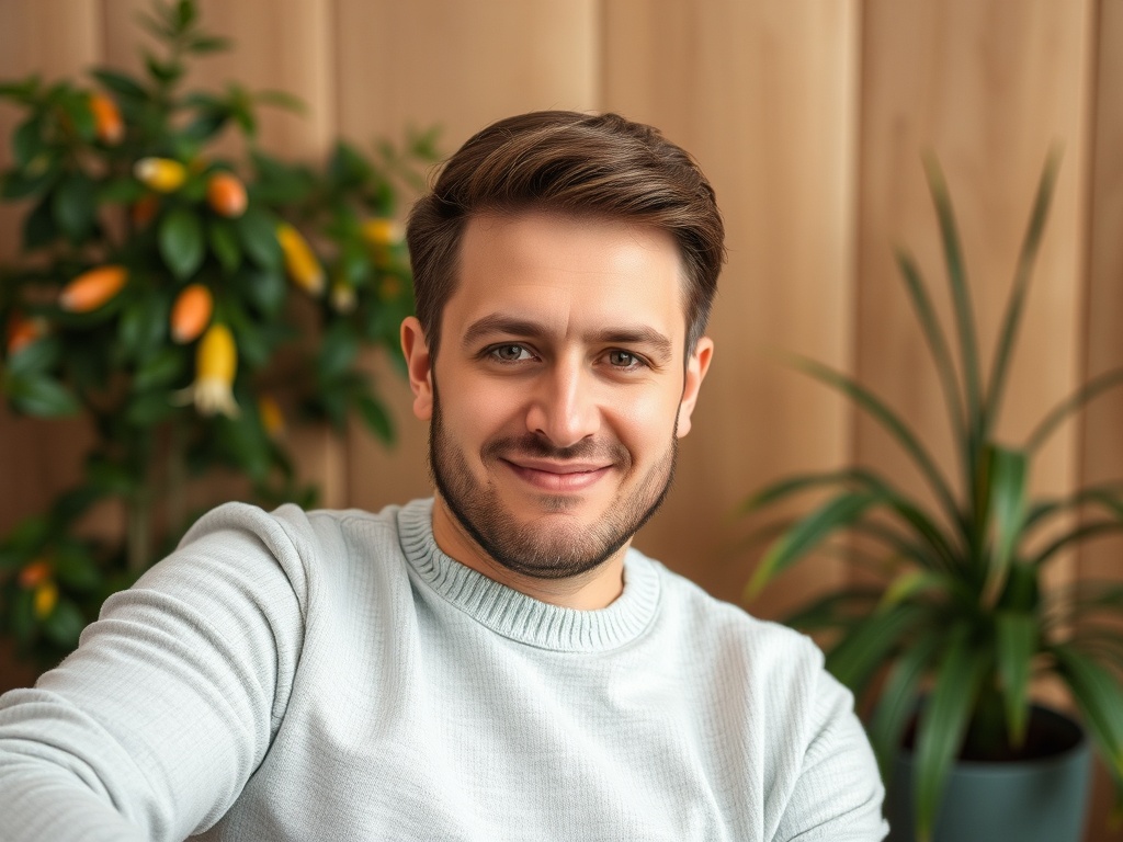 A smiling young man in a light sweater sits in a cozy room with indoor plants in the background.