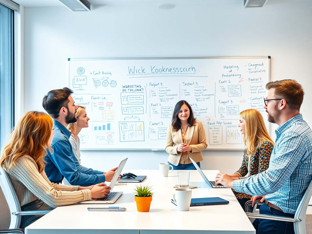 A group meeting with six professionals in a bright room, discussing ideas presented on a whiteboard.