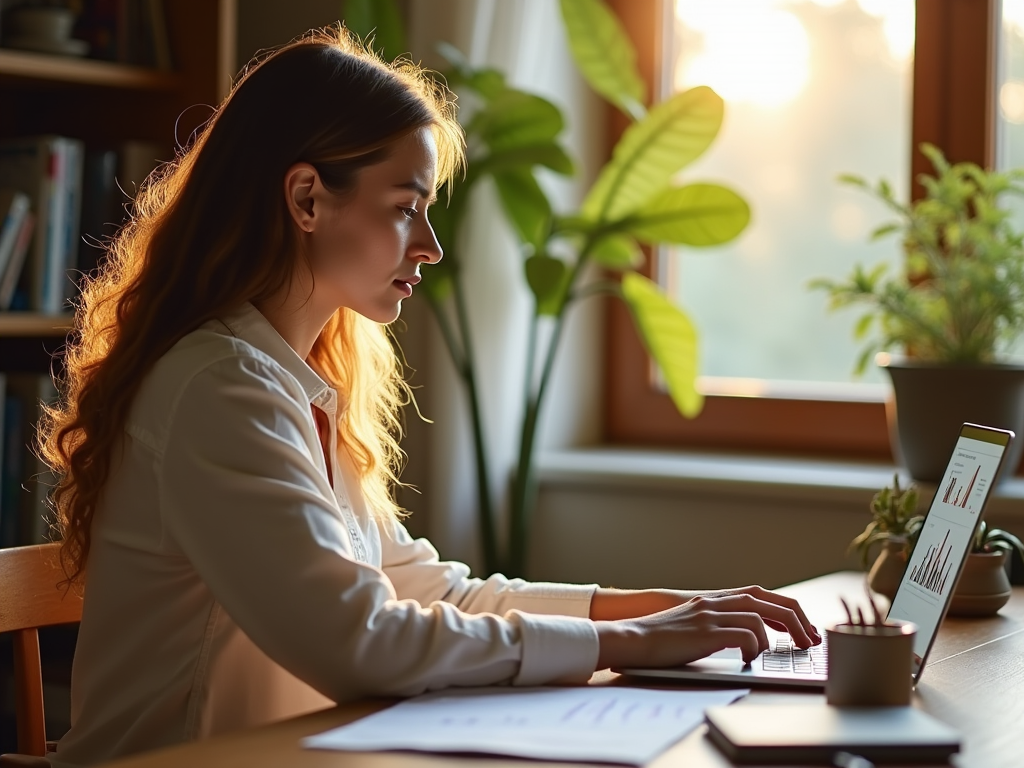 Woman working on laptop at desk with sunlight streaming in through window.