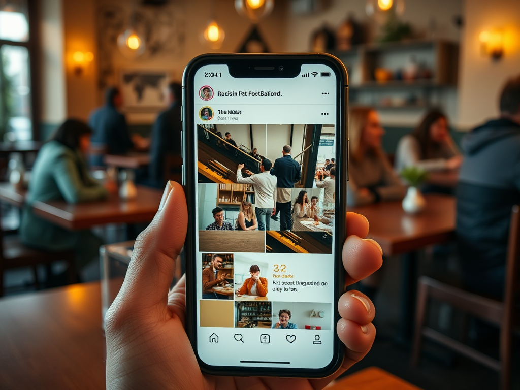 A person holds a smartphone displaying an Instagram feed in a cozy café setting.