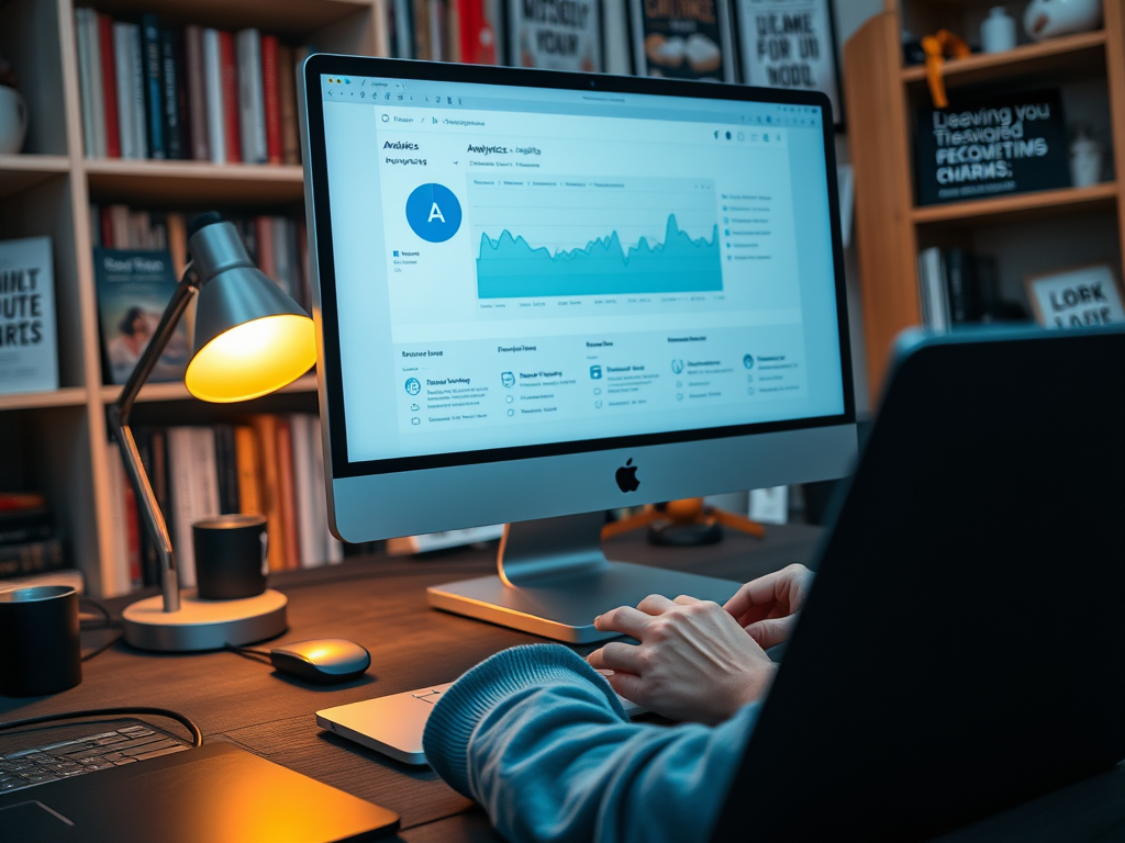 A person using a computer at a desk, focusing on analytics graphs and data, with books and a lamp in the background.