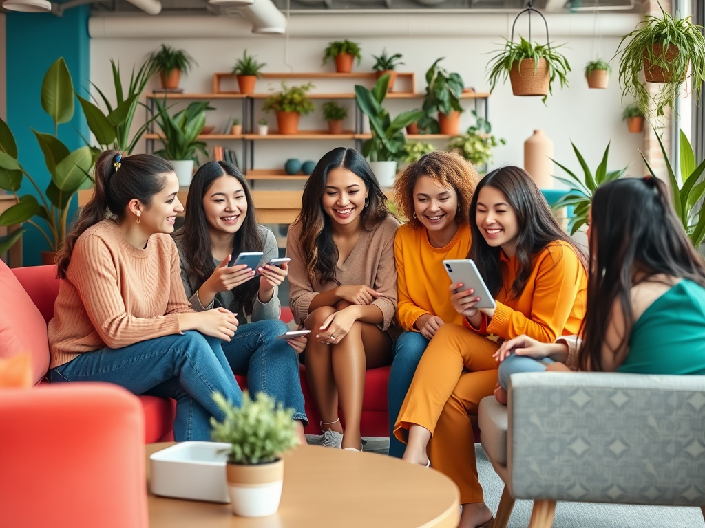 A group of six women sitting together on a couch, enjoying their phones and sharing laughter in a bright, plant-filled room.