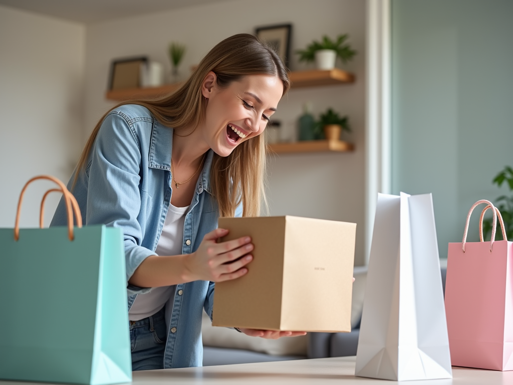 Happy woman excitedly opening a box with shopping bags nearby in a bright room.