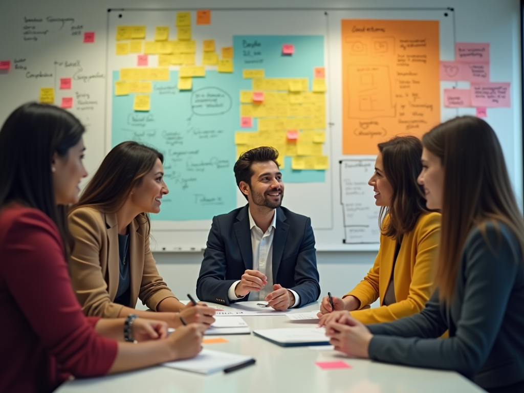 A group of five colleagues discussing ideas in a meeting room, with sticky notes and charts on the walls.