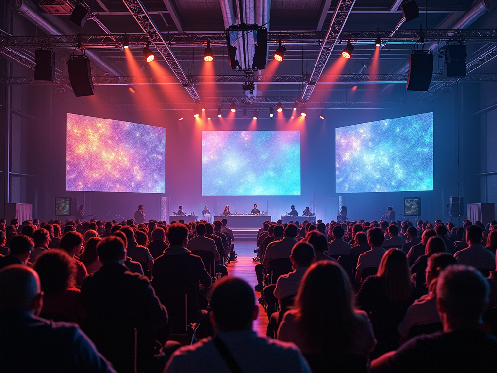 A large audience watches a presentation on stage with bright screens in a well-lit conference hall.