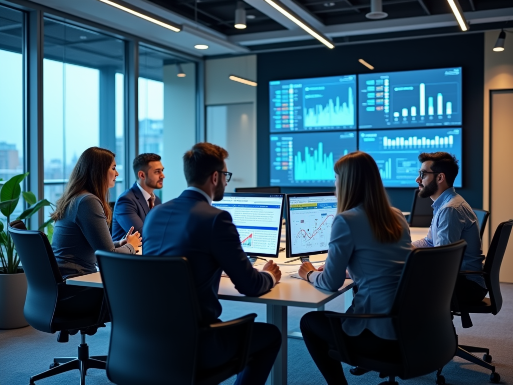 A group of professionals in a modern office meeting room discussing data displayed on screens.