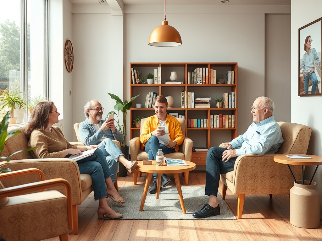 Four people are seated in a cozy room, engaging in conversation while enjoying drinks and cheerful expressions.