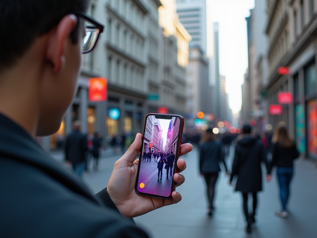 Person holding a smartphone displaying a city street scene, with blurry urban background.