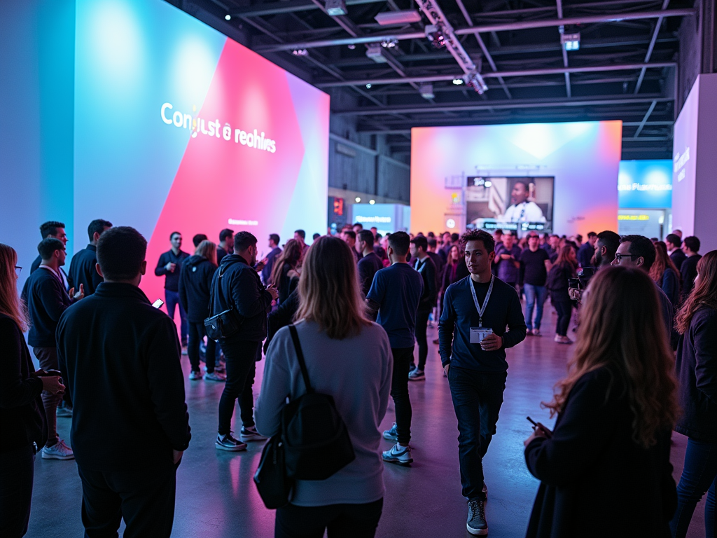 A crowded event space with people engaged in conversation, colorful lighting, and screens displaying information.