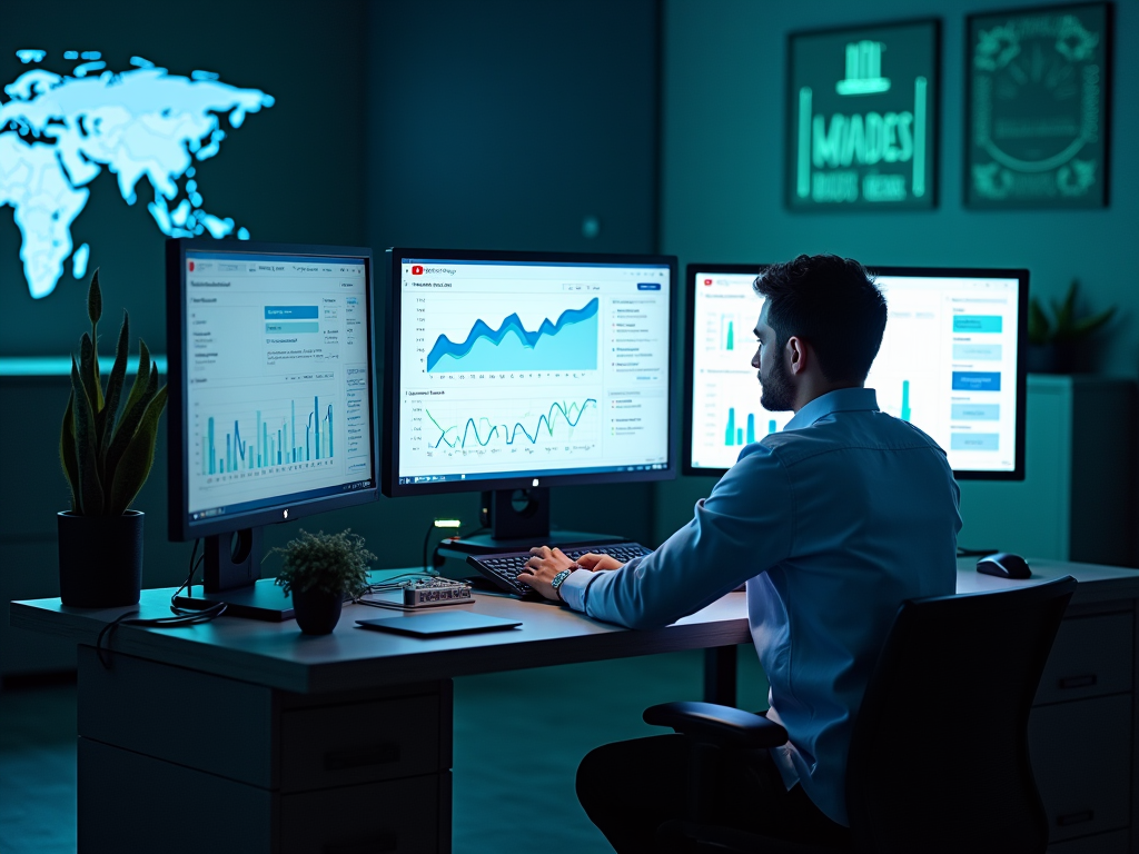 Man analyzing data on multiple screens in a high-tech office at night.