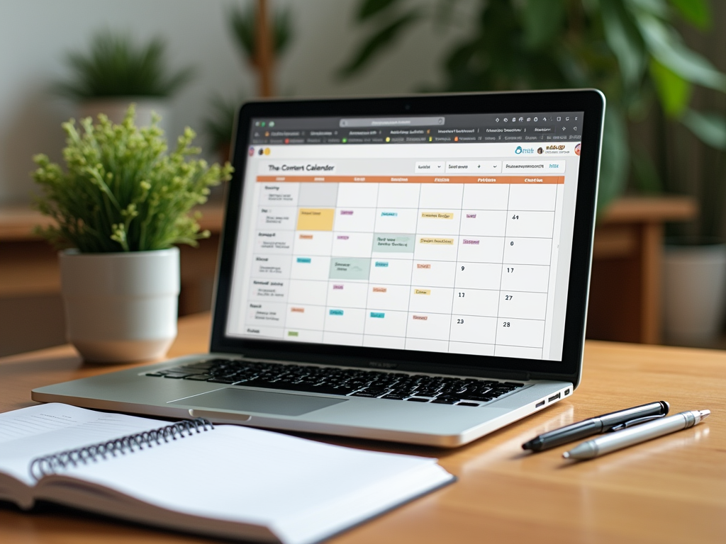 Laptop on desk displaying a colorful content calendar, with notebook and pens nearby.