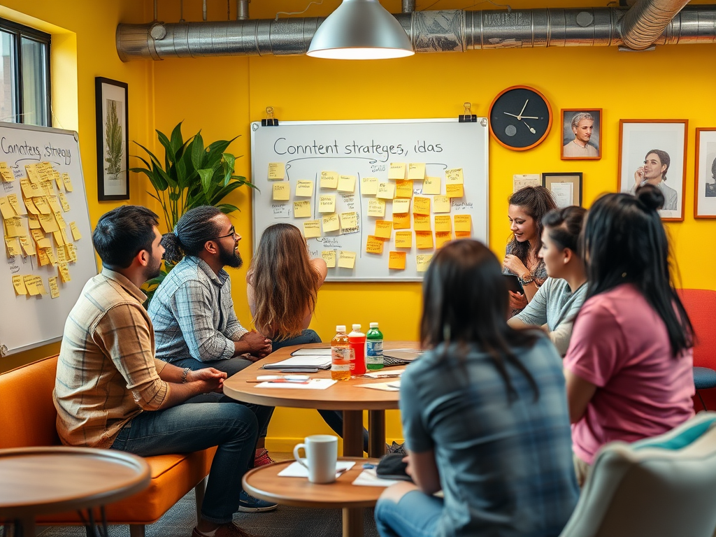 A group of diverse individuals collaborating in a bright meeting room, brainstorming content strategies on sticky notes.